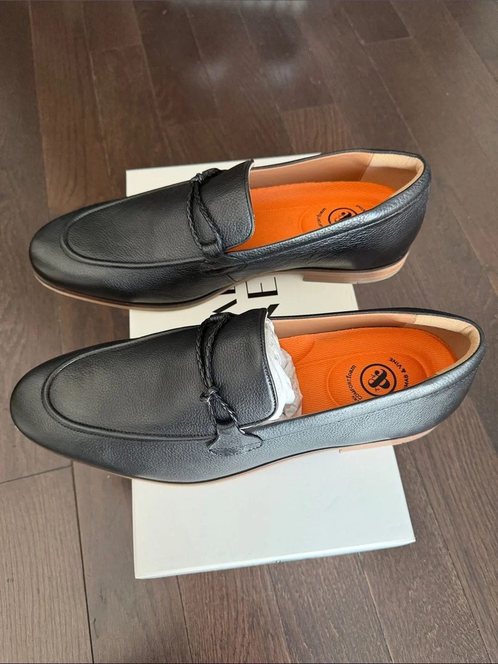 Men's Black Leather Slip-On Loafers with Orange Insole